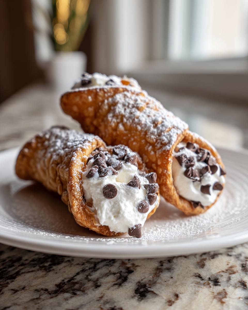 Two Irresistible Homemade Cannoli Recipe pastries filled with sweet cream and topped with mini chocolate chips and powdered sugar.