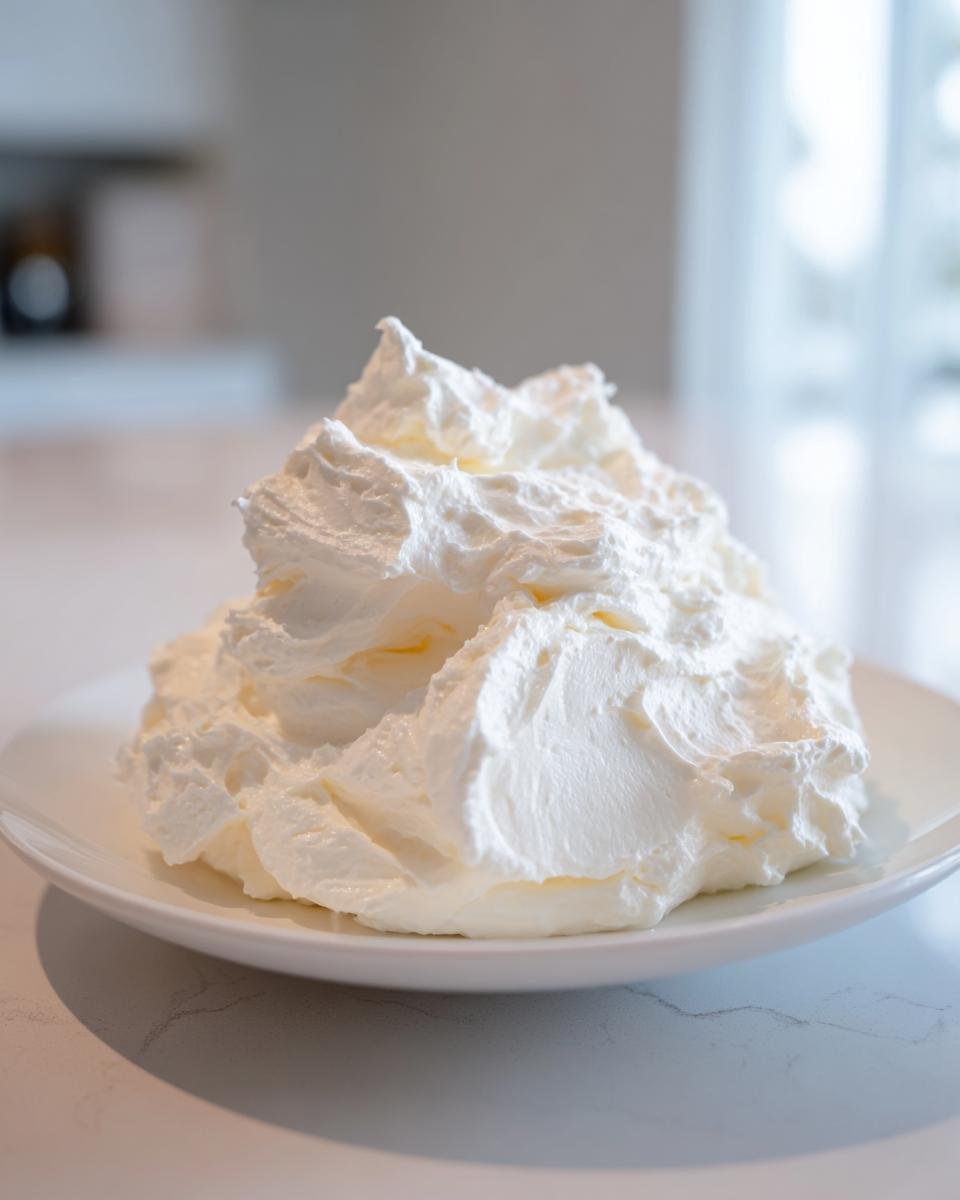 A generous mound of fluffy, white Irresistible Homemade Cream Cheese Frosting sitting on a small white plate.