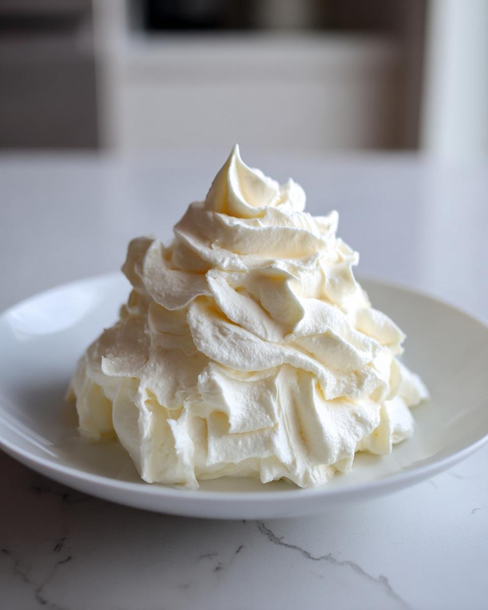 A generous swirl of fluffy, white Irresistible Homemade Cream Cheese Frosting piped onto a small white dish.