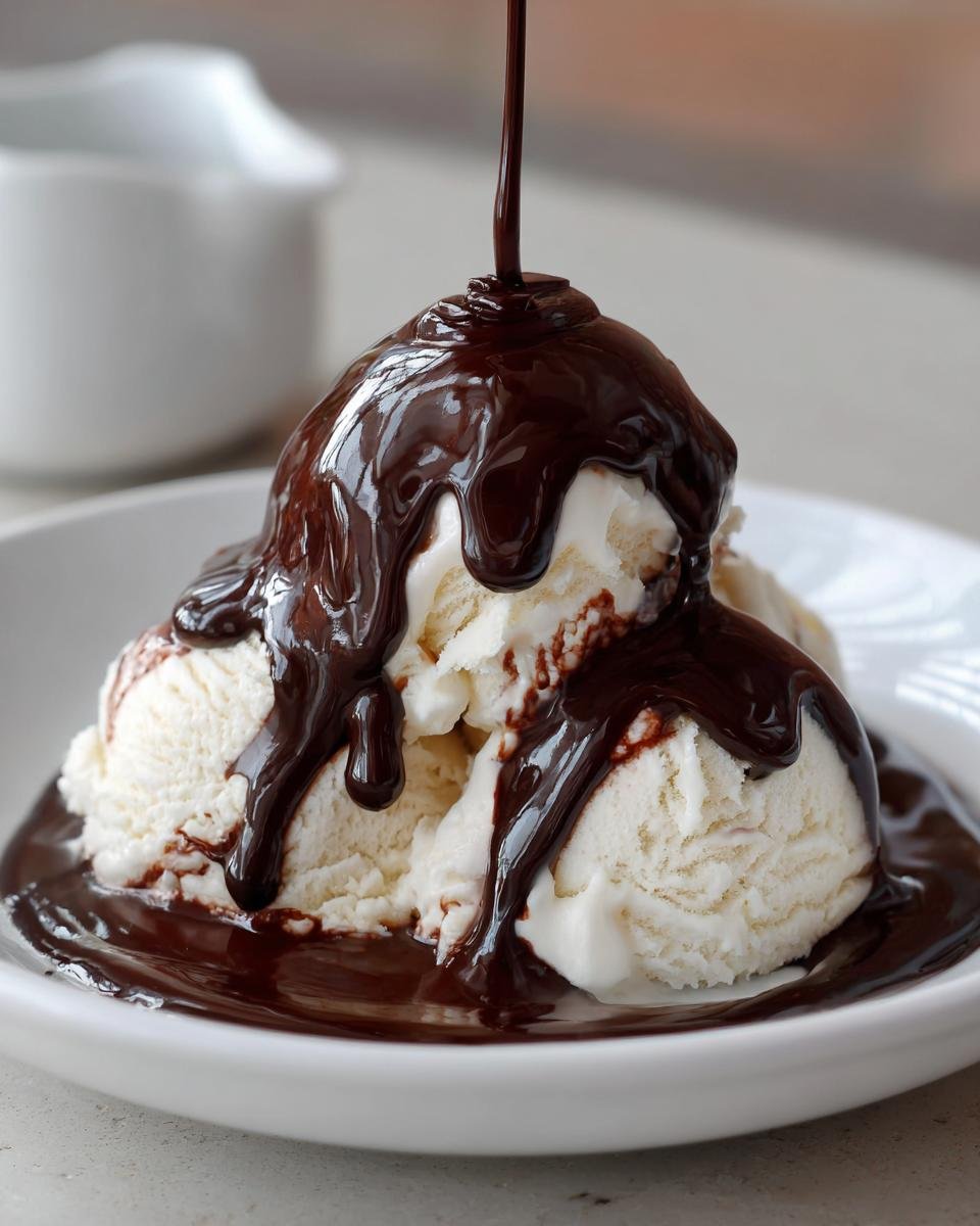 Thick, dark chocolate Homemade Magic Shell being poured over scoops of vanilla ice cream in a white bowl.