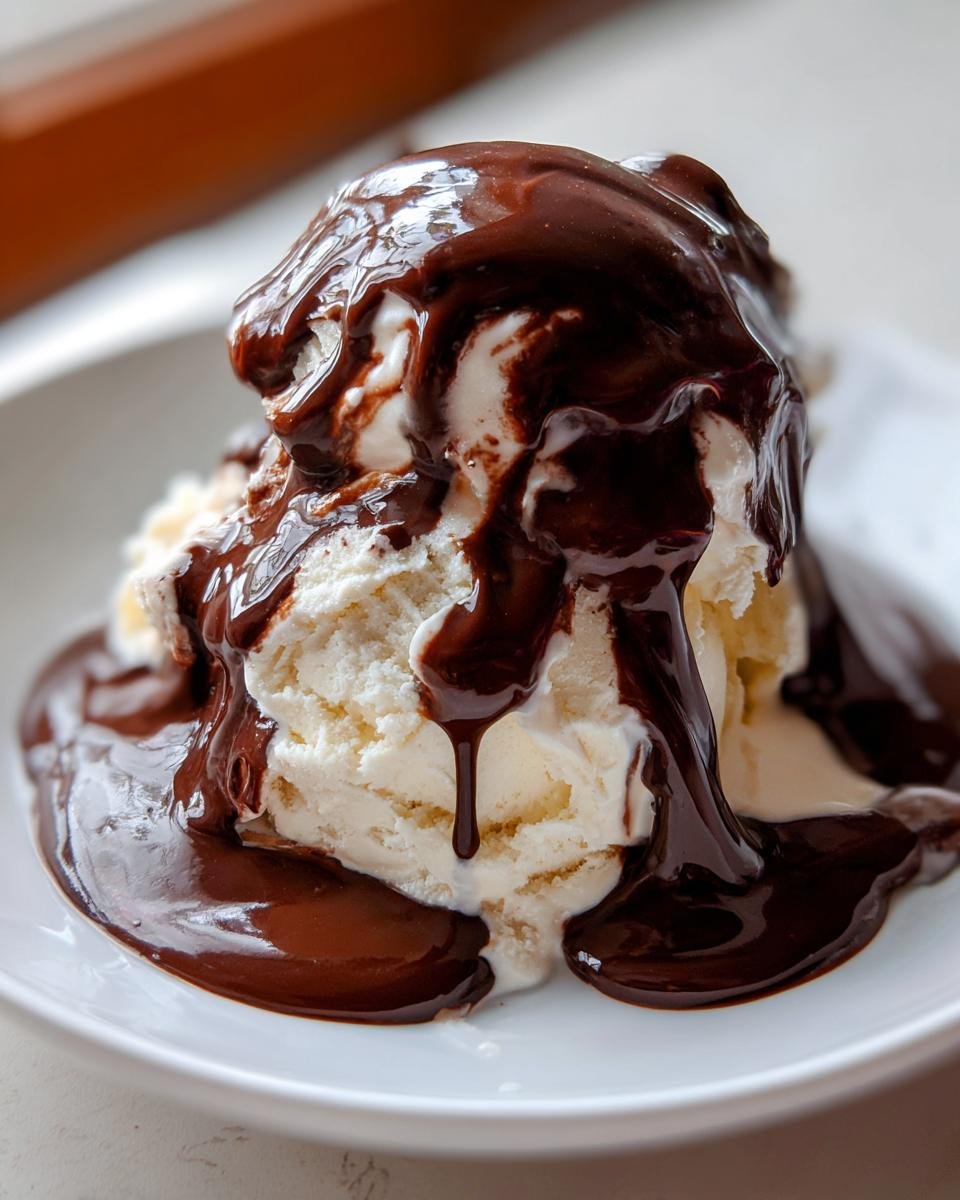 Vanilla ice cream scoops covered in thick, glossy Homemade Magic Shell chocolate sauce dripping onto a white plate.
