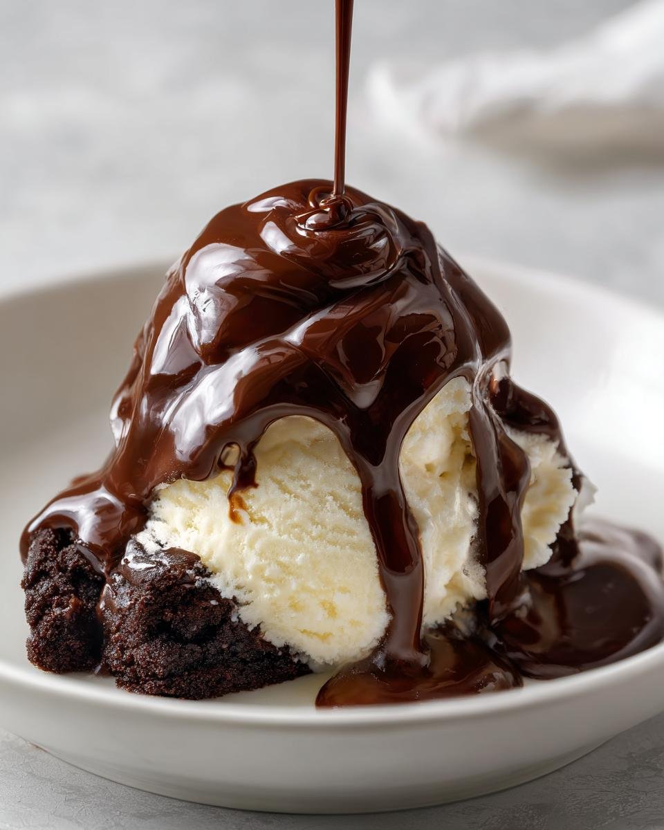 Pouring rich, dark chocolate Homemade Magic Shell over vanilla ice cream resting on a brownie in a white bowl.