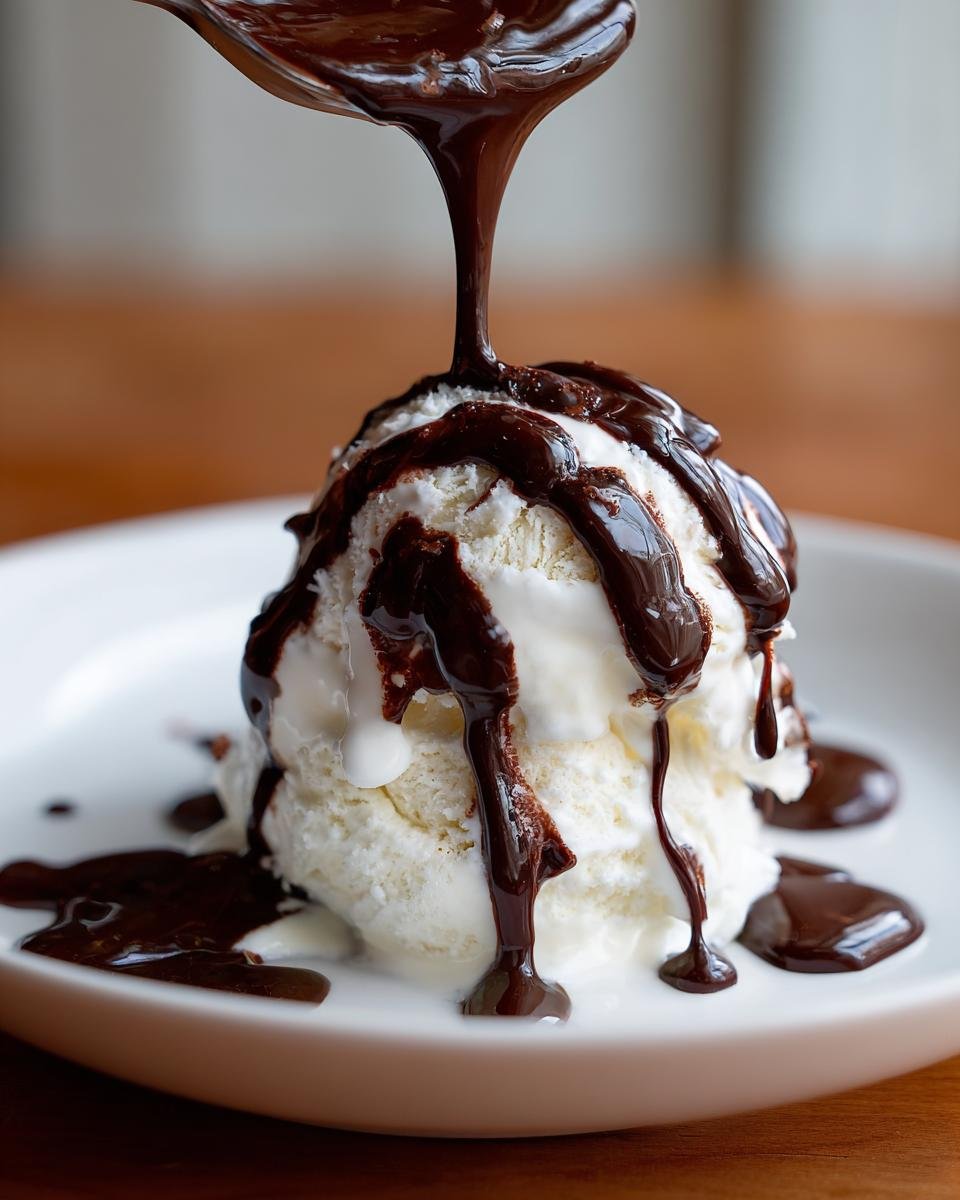 A spoonful of rich chocolate is poured over vanilla ice cream, demonstrating Homemade Magic Shell.
