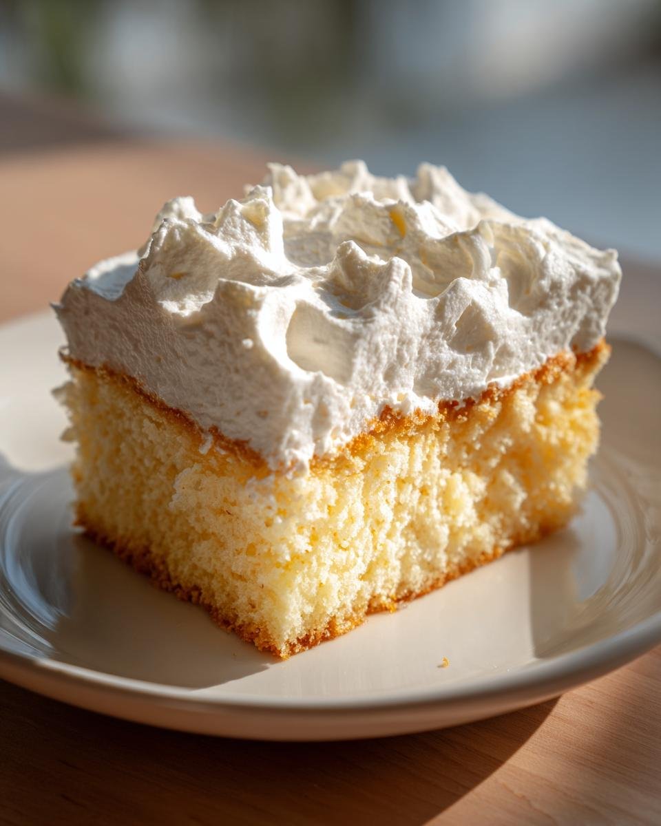 Close-up of a moist slice of Irresistible Homemade Tres Leches Cake topped with fluffy whipped cream.