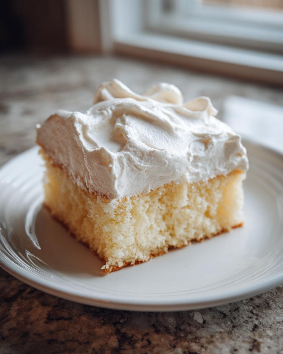 A moist slice of Irresistible Homemade Tres Leches Cake topped with thick white frosting on a white plate.
