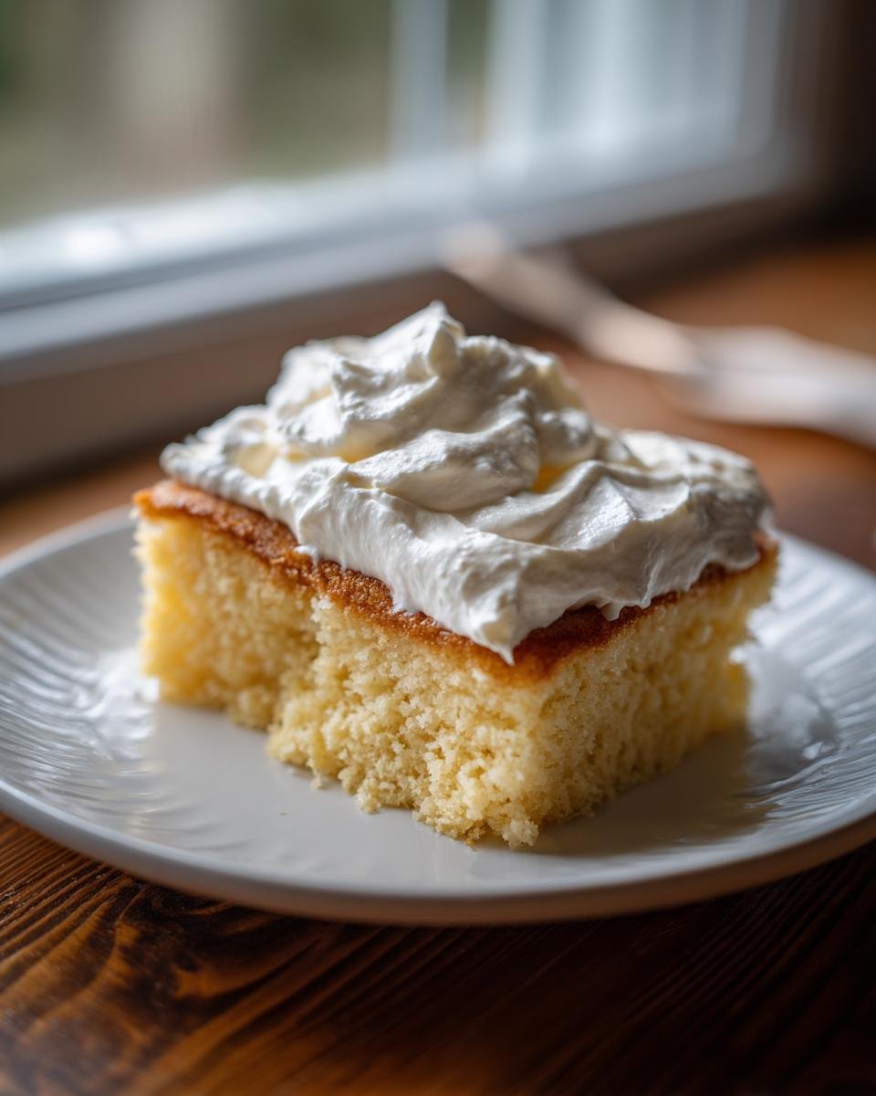 A square slice of moist Tres Leches Cake topped with fluffy whipped cream on a white plate.