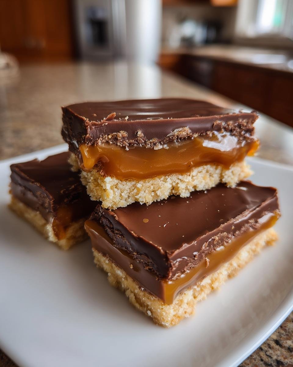 Three stacked squares of Irresistible Homemade Twix Bars Recipe showing shortbread, gooey caramel, and chocolate topping.