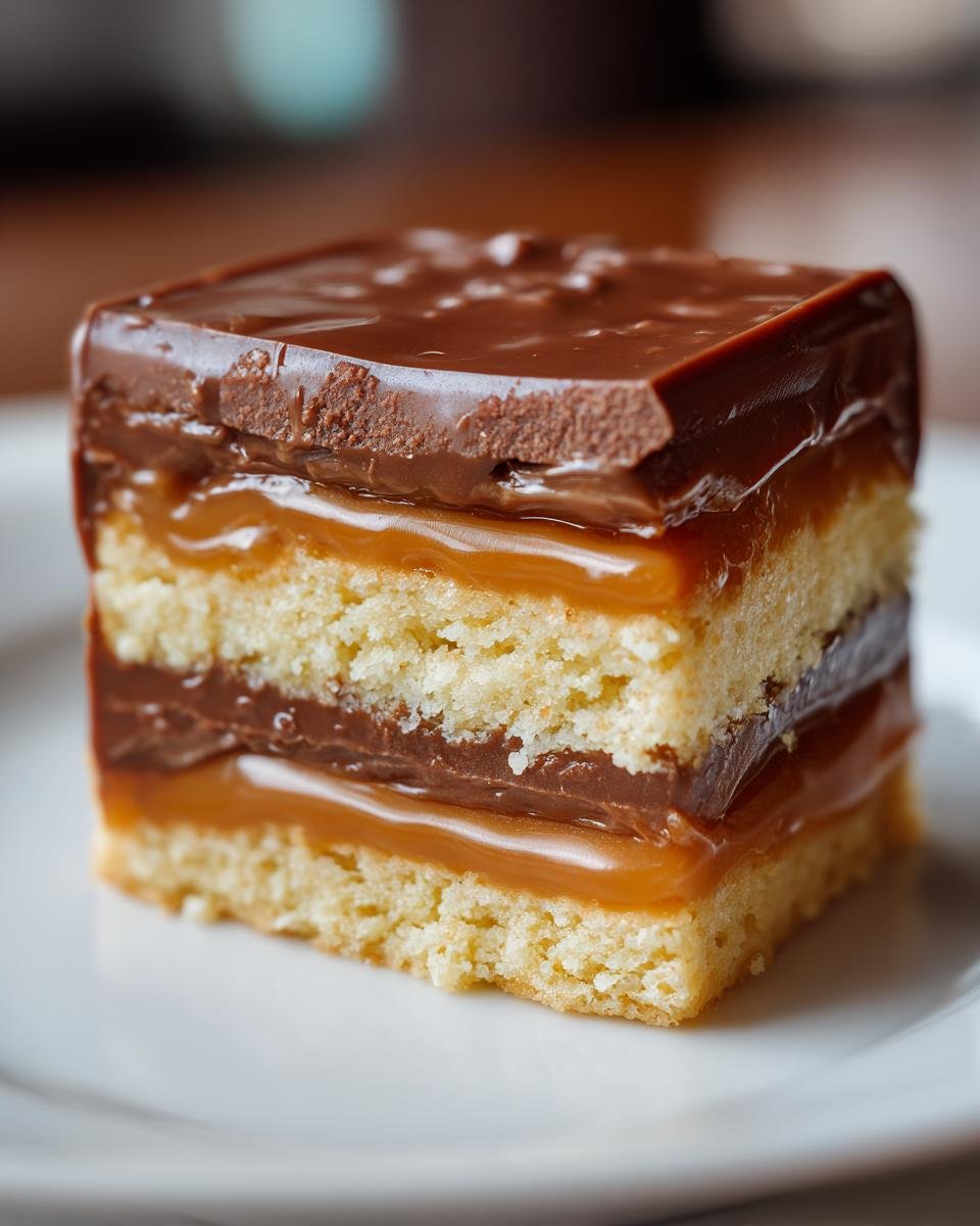 A decadent square serving of Homemade Twix Bars Recipe showing layers of shortbread, caramel, chocolate, and ganache.