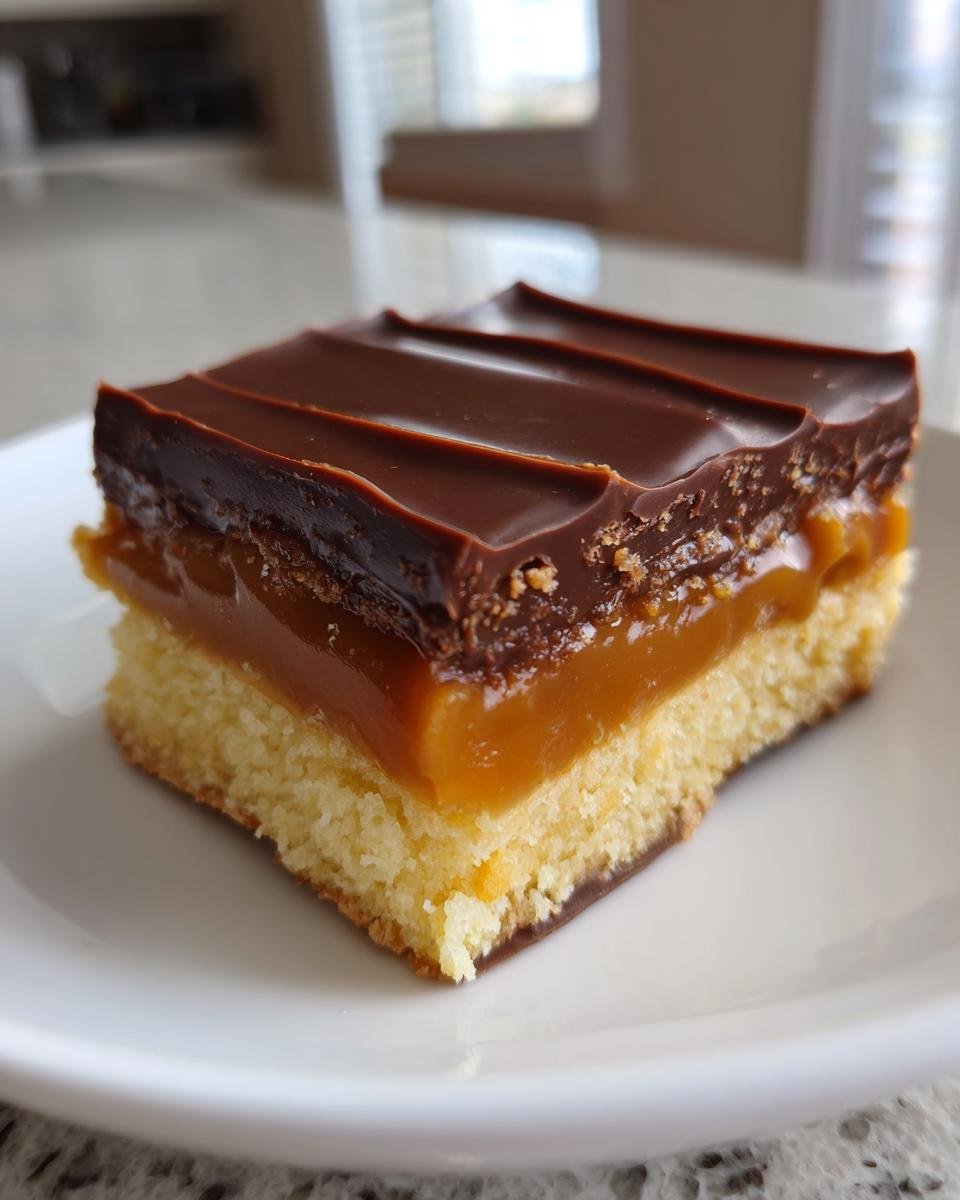 Close-up of a single square of Irresistible Homemade Twix Bars Recipe showing shortbread, thick caramel, and chocolate topping.