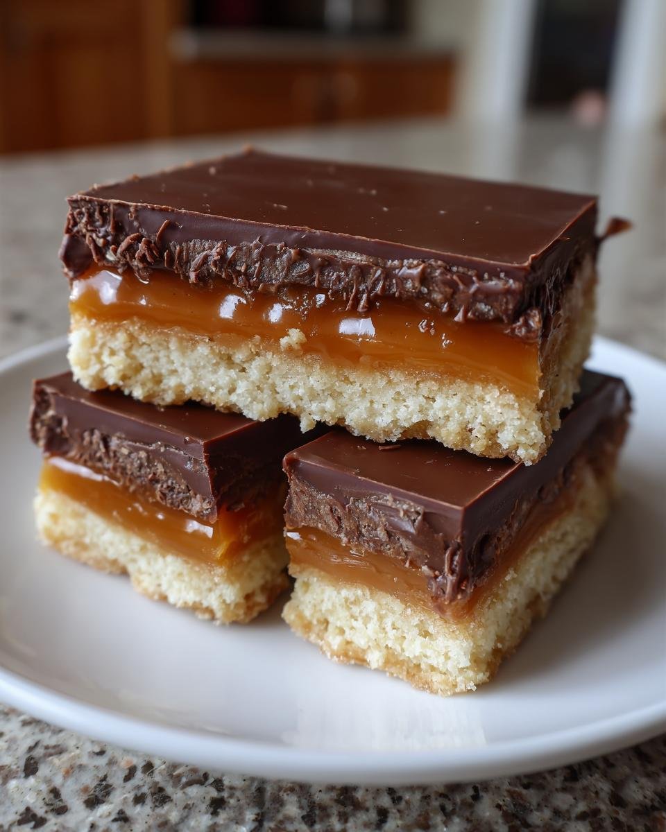 Three stacked squares of Irresistible Homemade Twix Bars Recipe showing shortbread, caramel, and chocolate layers.