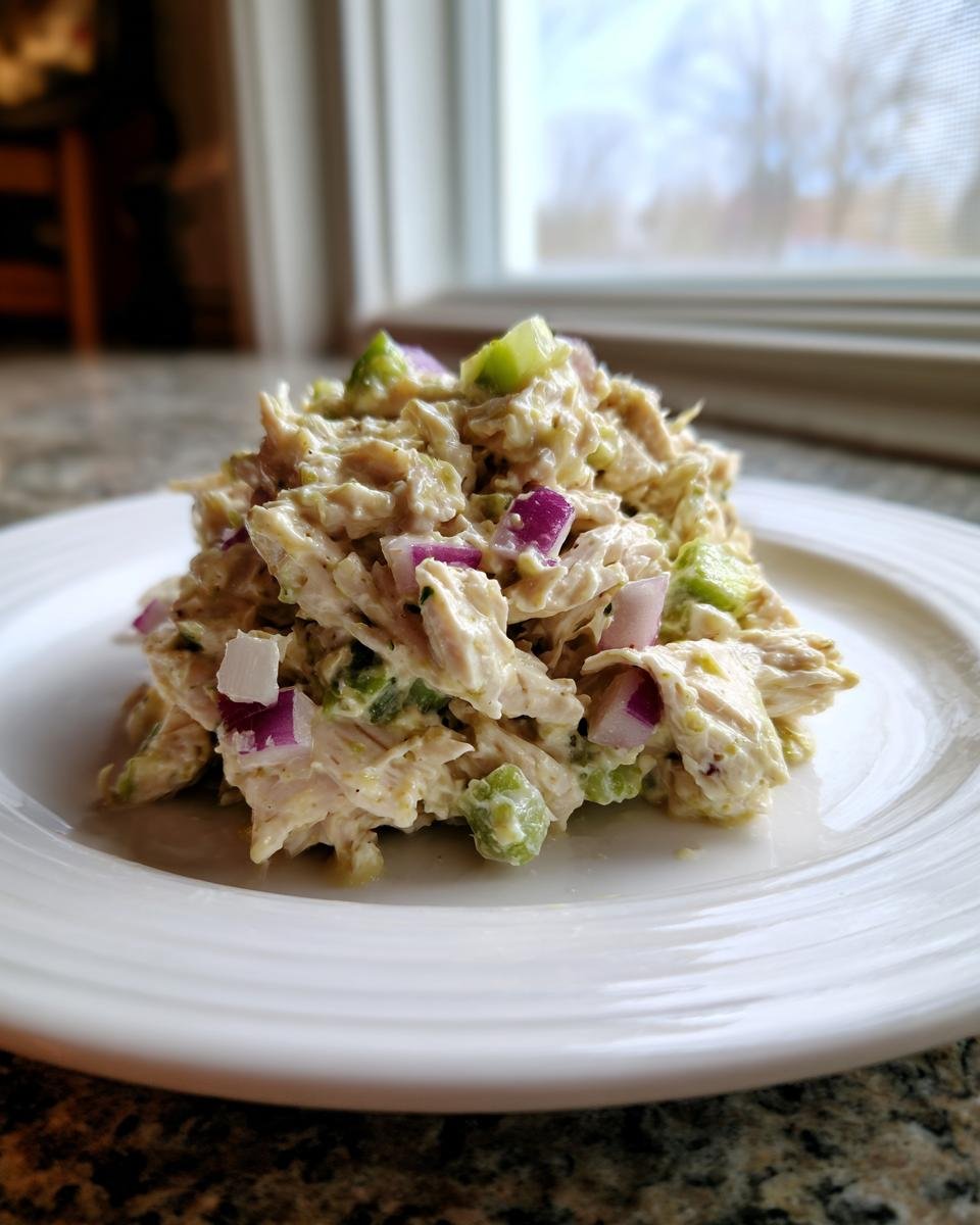 A mound of Irresistible Honey Mustard Chicken Salad Recipe Delight with visible chunks of red onion and celery on a white plate.