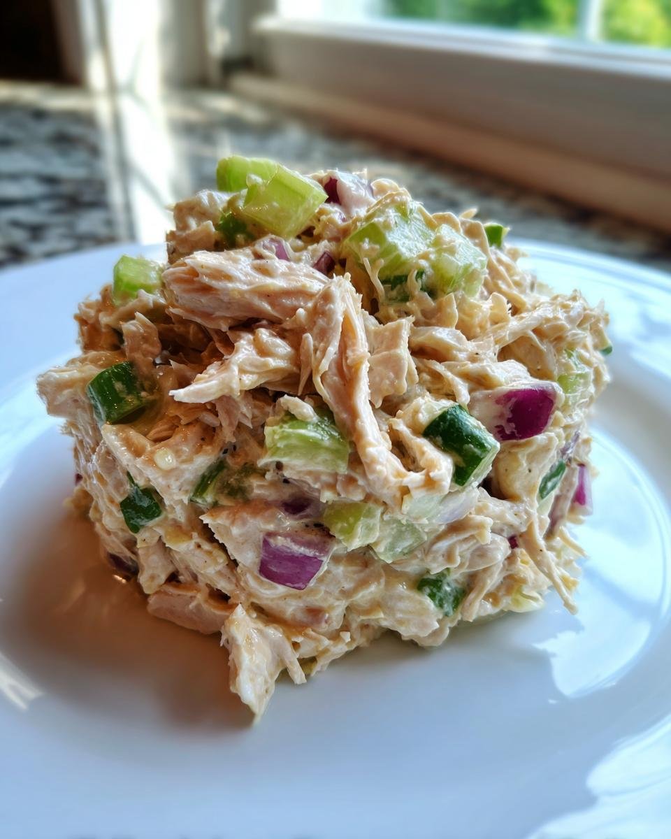A perfectly portioned mound of Irresistible Honey Mustard Chicken Salad Recipe Delight with celery and red onion.