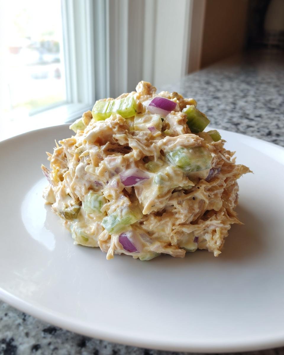 A scoop of Irresistible Honey Mustard Chicken Salad with celery and red onion on a white plate.