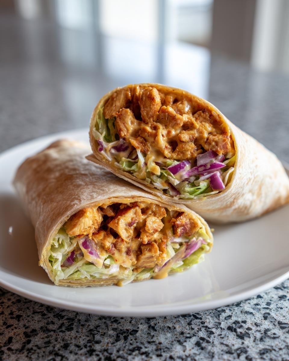 Two halves of Irresistible Honey Mustard Chicken Wraps cut open, showing seasoned chicken, lettuce, and red onion.