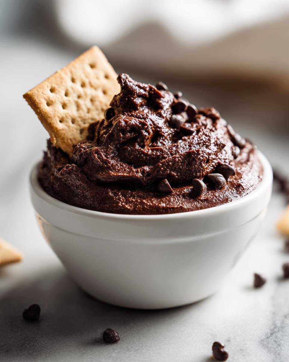 Close-up of rich, dark Indulgent Brownie Batter Dip topped with chocolate chips, served with a graham cracker.