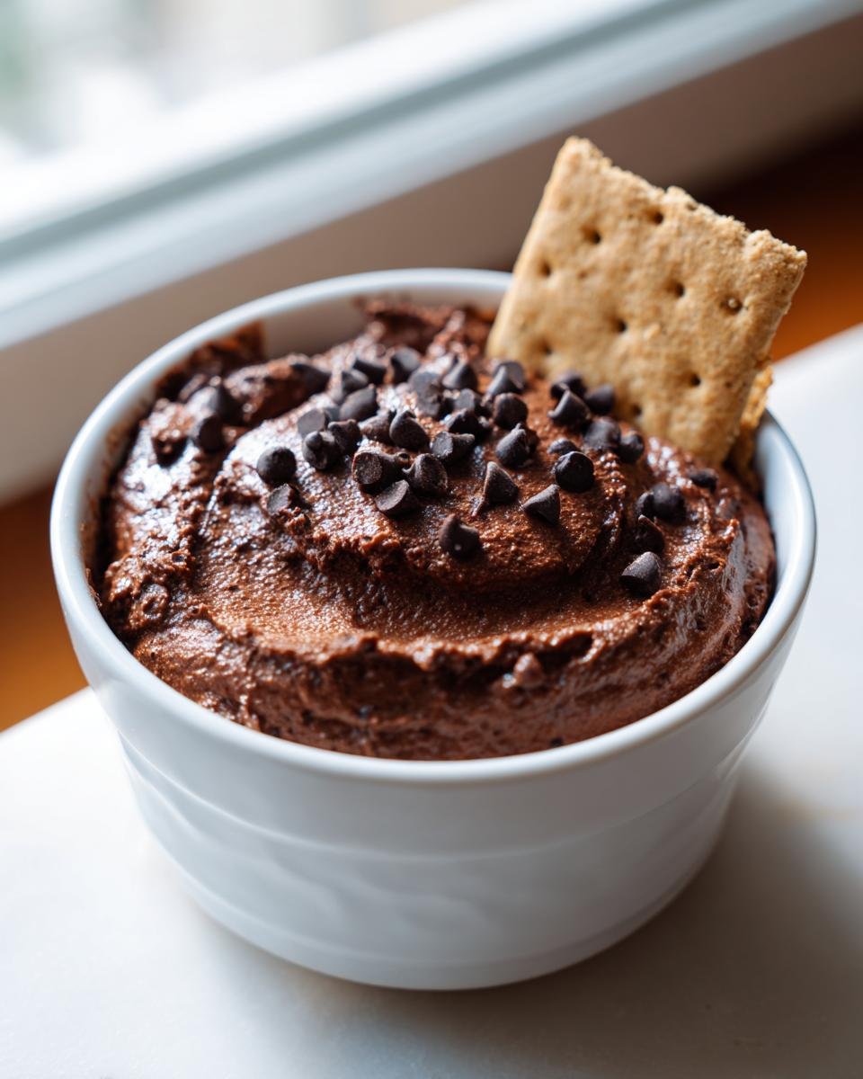 A white bowl filled with Indulgent Brownie Batter Dip topped with mini chocolate chips and a graham cracker.