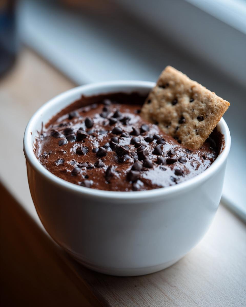 A white bowl filled with Indulgent Brownie Batter Dip topped with chocolate chips, with a graham cracker dipped in.