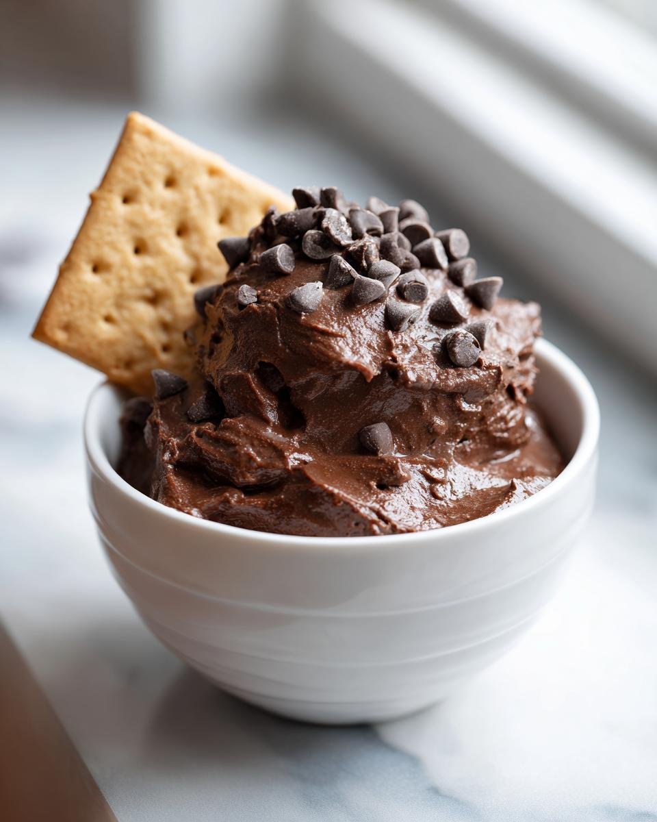 A white bowl filled with rich, thick Indulgent Brownie Batter Dip topped with chocolate chips, with a graham cracker dipped in.