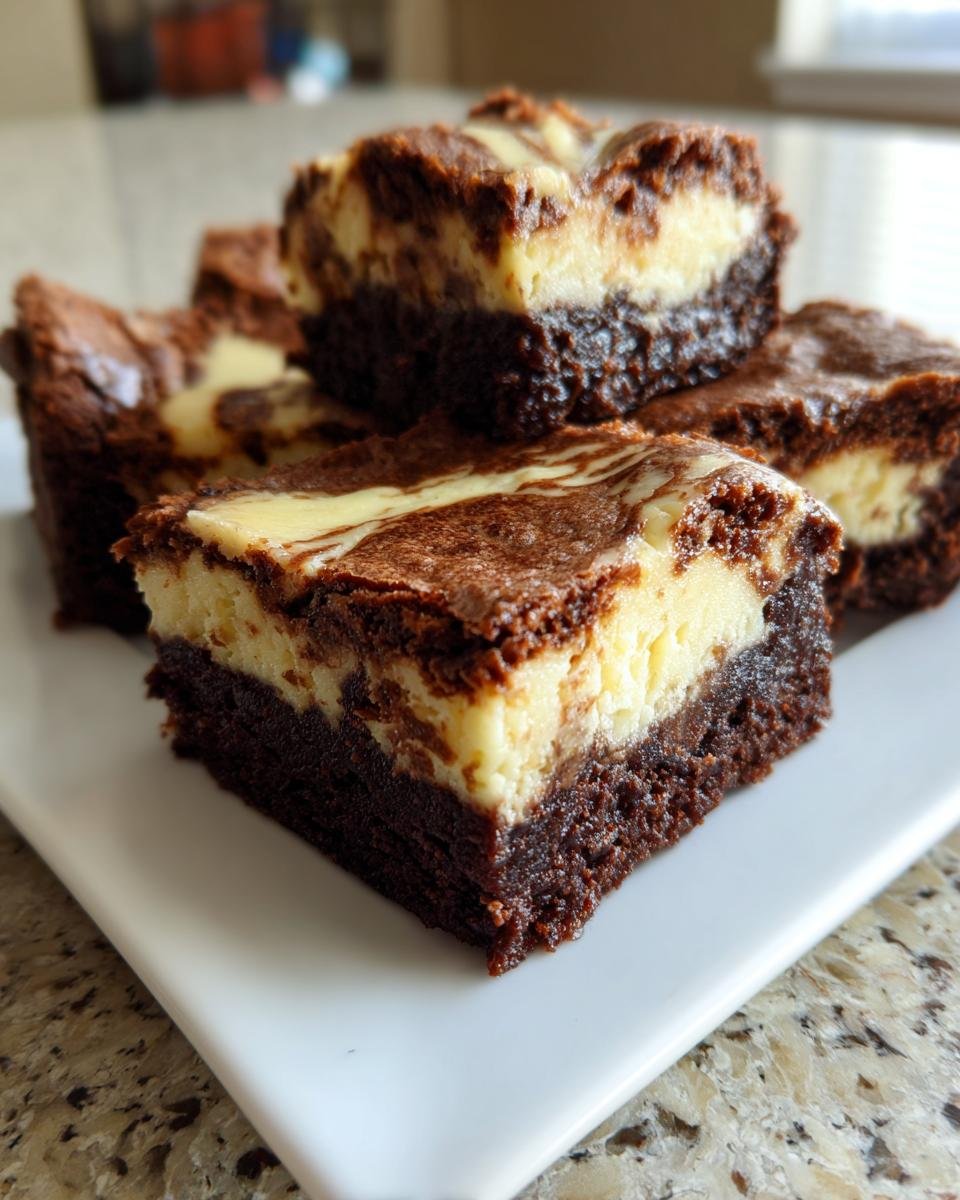 Stack of rich, fudgy Indulgent Cheesecake Brownies Recipe squares with a creamy, swirled topping on a white plate.