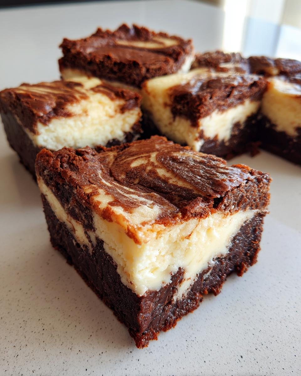 A close-up of several squares of Indulgent Cheesecake Brownies Recipe, showing a thick, fudgy bottom layer and a creamy, swirled cheesecake top.