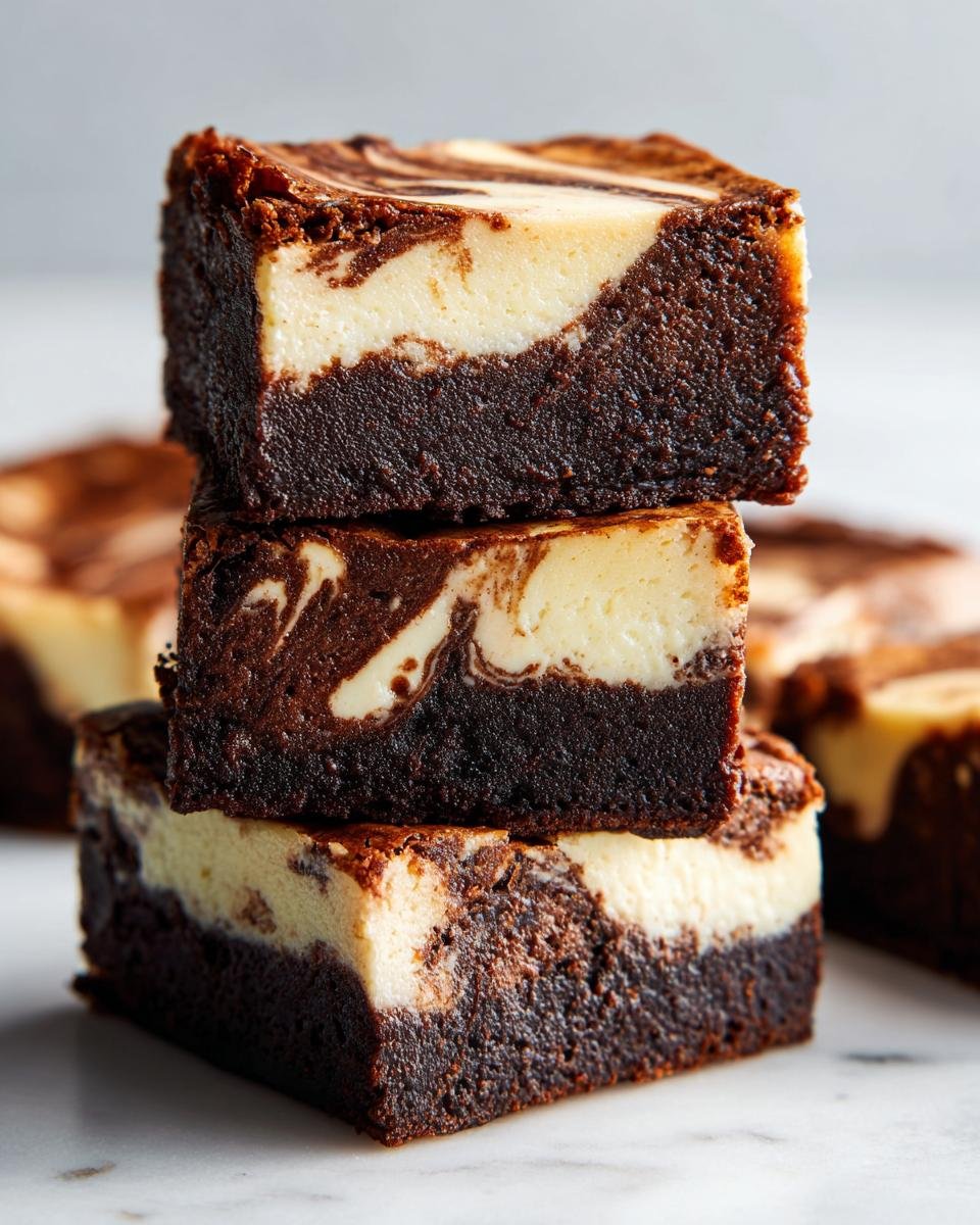 A stack of three fudgy cheesecake brownies showing rich chocolate base and marbled cream cheese topping.
