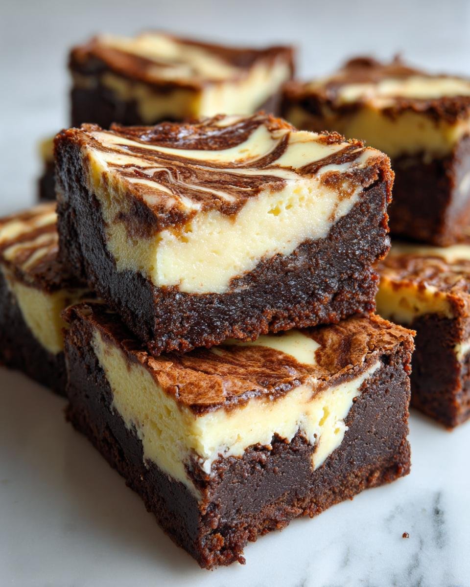 Close-up of stacked, fudgy cheesecake brownies with a distinct cream cheese swirl topping.