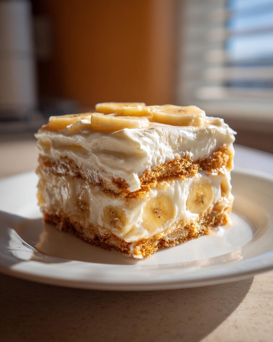A perfect square slice of Irresistible Banana Cream Icebox Cake with layers of cream, bananas, and graham crackers.