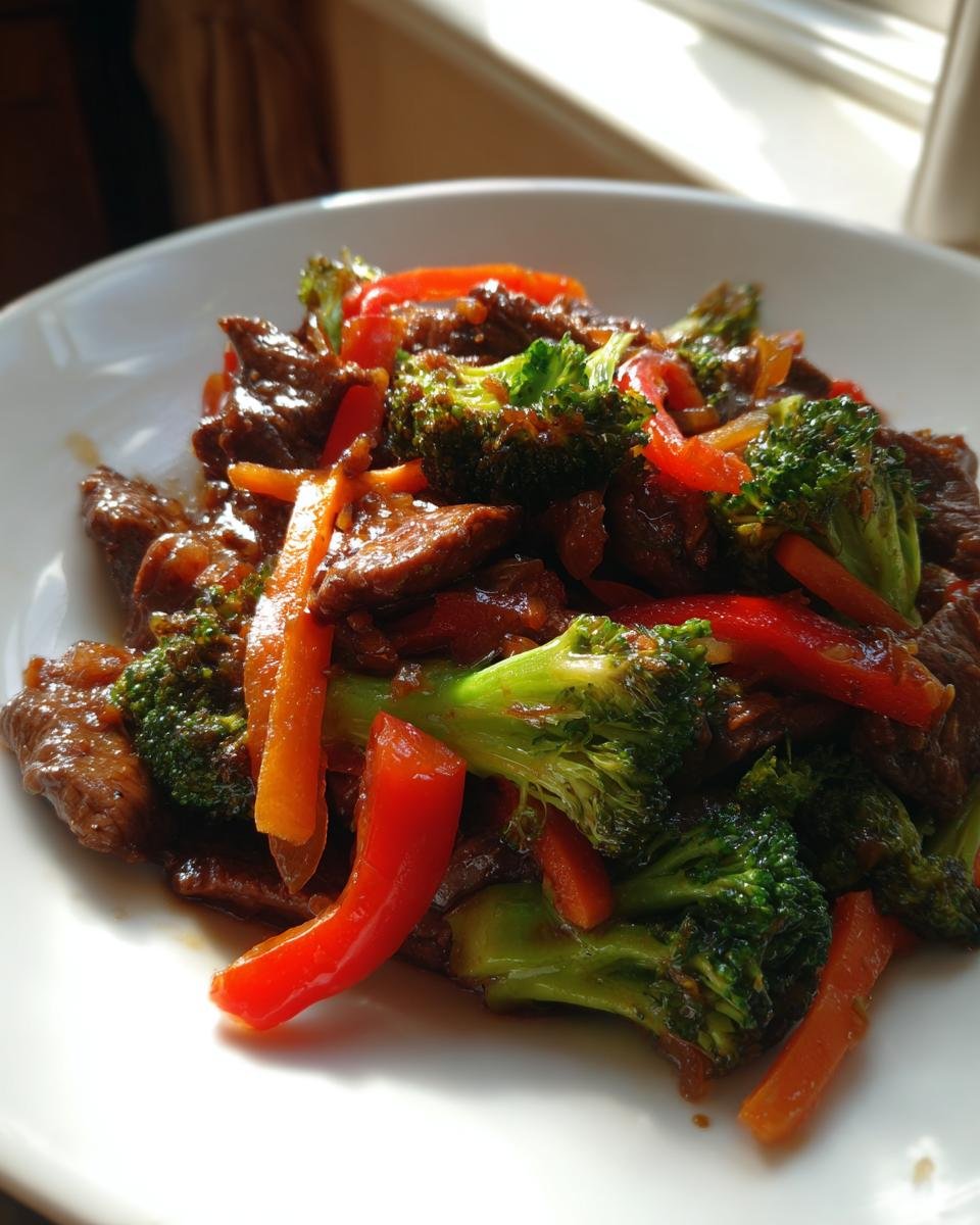 A close-up of Irresistible Beef And Vegetable Stir Fry featuring tender beef strips, bright green broccoli, and red peppers.