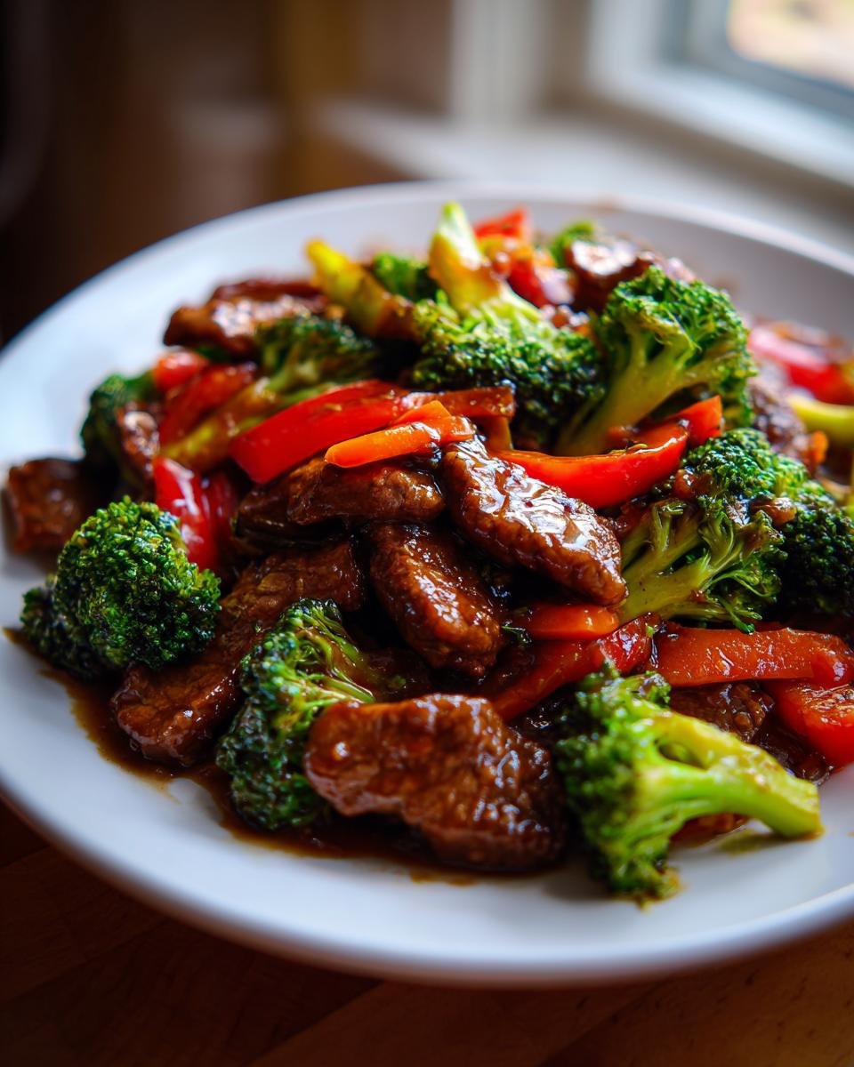 Close-up of Irresistible Beef And Vegetable Stir Fry with glossy sauce, broccoli, and red peppers.