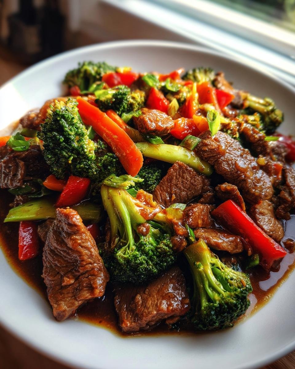 A close-up of a white bowl filled with Irresistible Beef And Vegetable Stir Fry, featuring tender beef slices, bright green broccoli, and red peppers in a savory sauce.