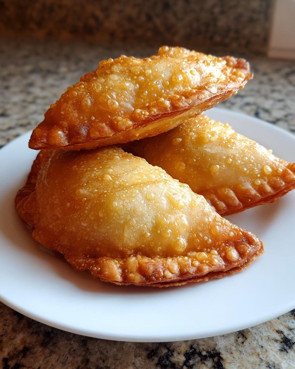 Three golden-brown, crispy fried Beef Sambusa pastries stacked on a white plate.