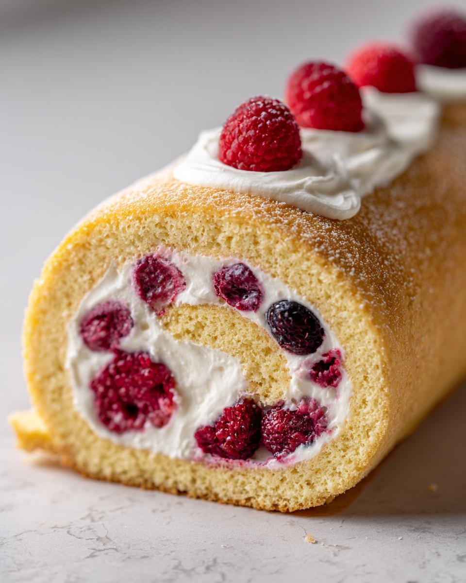 Close-up cross-section of an Irresistible Berry Vanilla Cake Roll filled with cream and fresh raspberries.