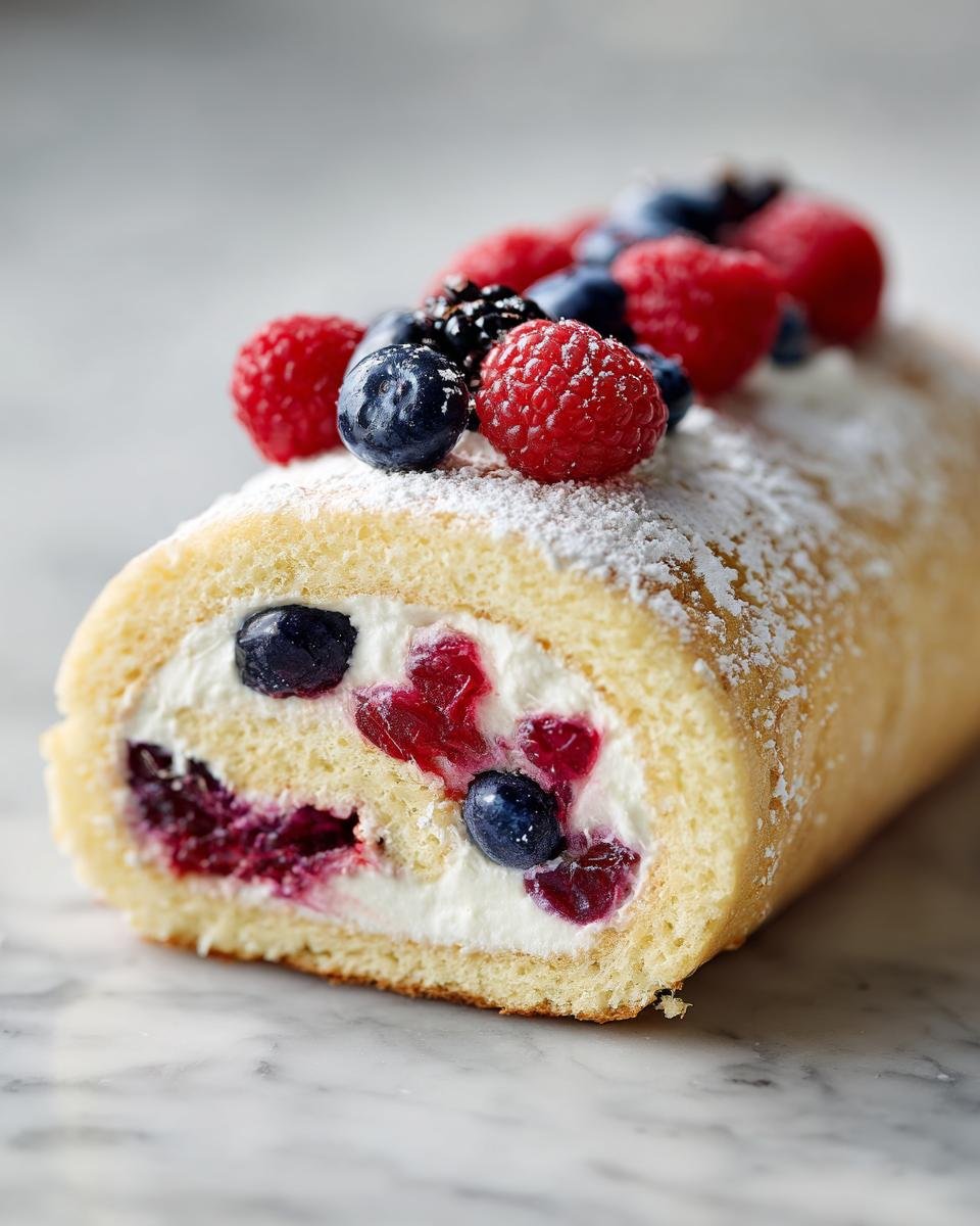 A close-up of an Irresistible Berry Vanilla Cake Roll filled with cream and berries, dusted with powdered sugar.