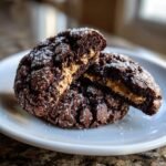 Two halves of a fudgy chocolate crinkle cookie revealing a creamy, golden Biscoff filling inside. Irresistible Biscoff Filled Chocolate Crinkle Cookies.