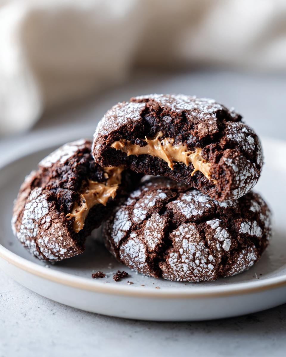 Three Irresistible Biscoff Filled Chocolate Crinkle Cookies stacked, one broken open revealing the creamy filling.