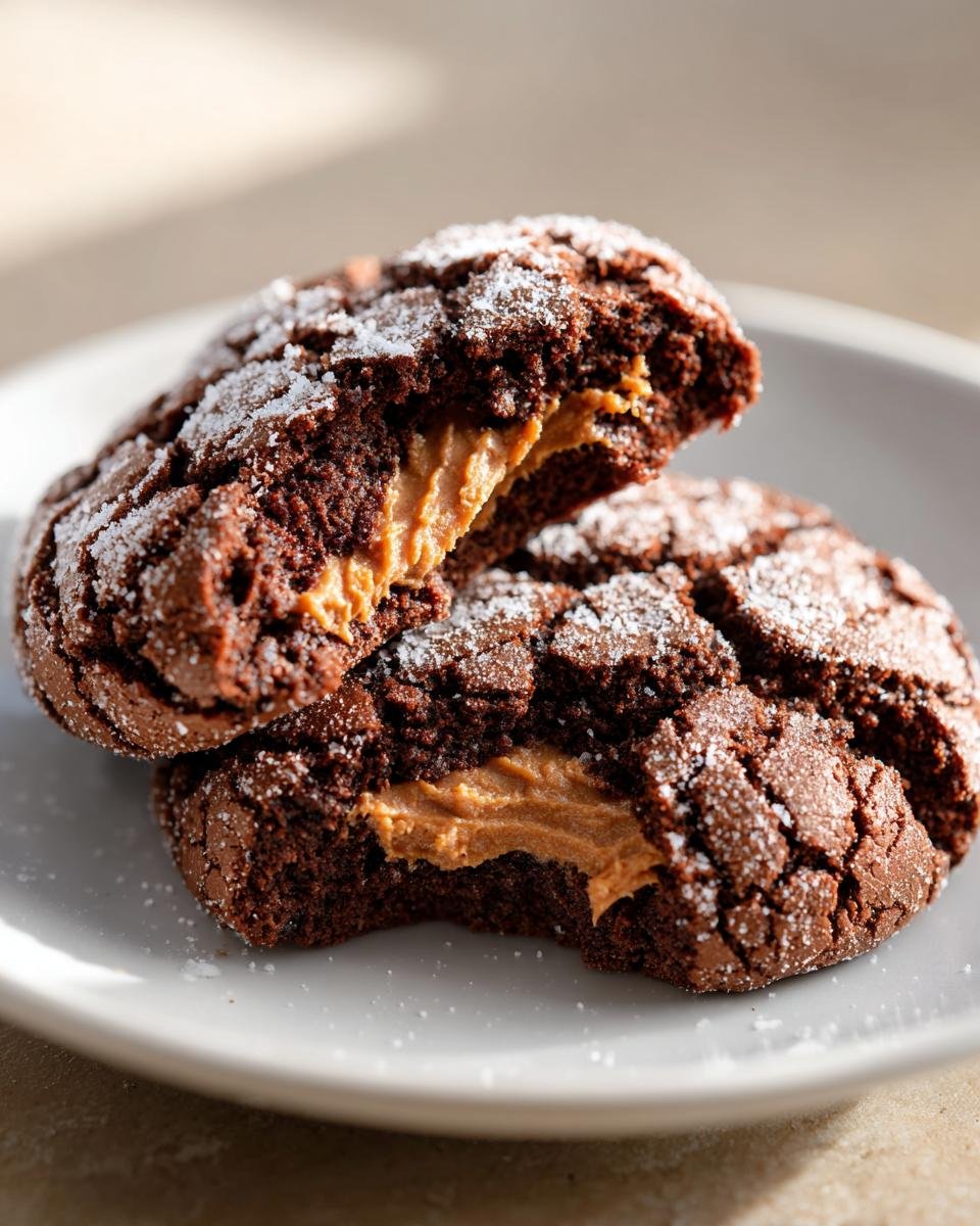 Close-up of Irresistible Biscoff Filled Chocolate Crinkle Cookies, broken open to show the creamy Biscoff center.