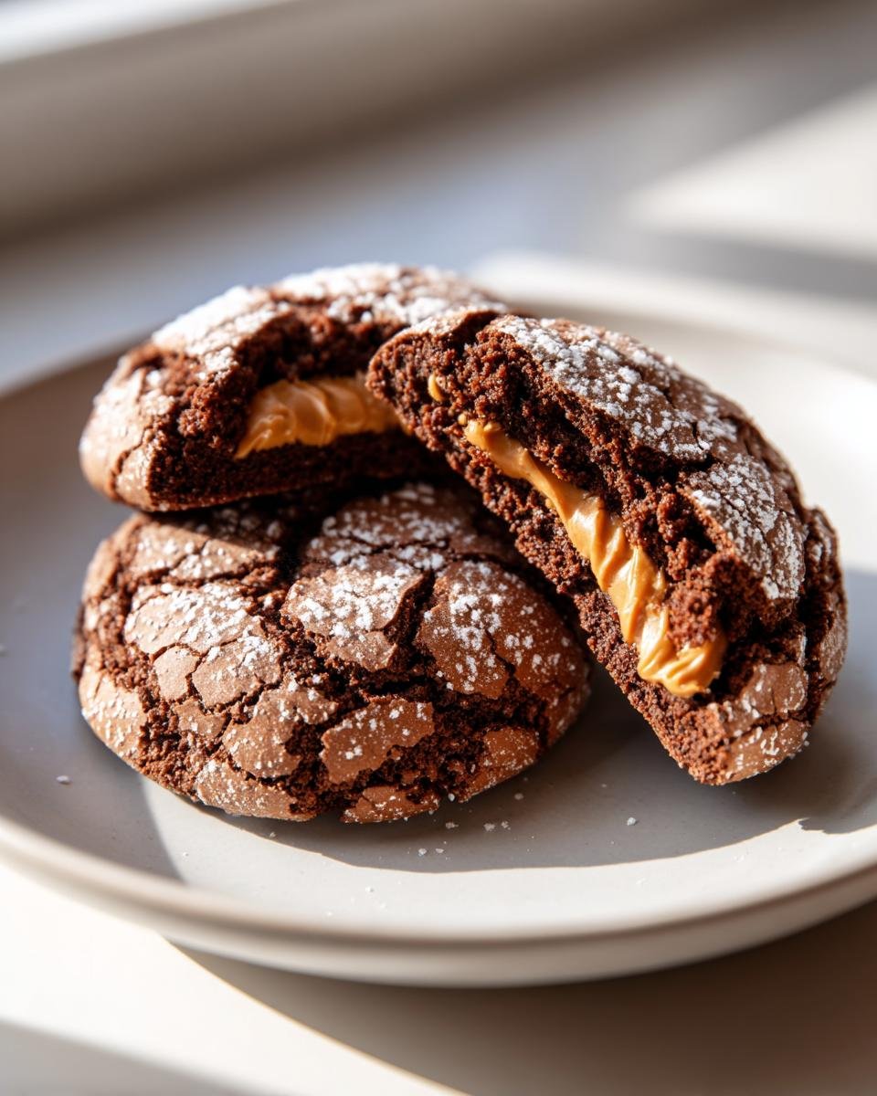 Close-up of fudgy chocolate crinkle cookies showing the gooey Biscoff filling inside, dusted with powdered sugar.