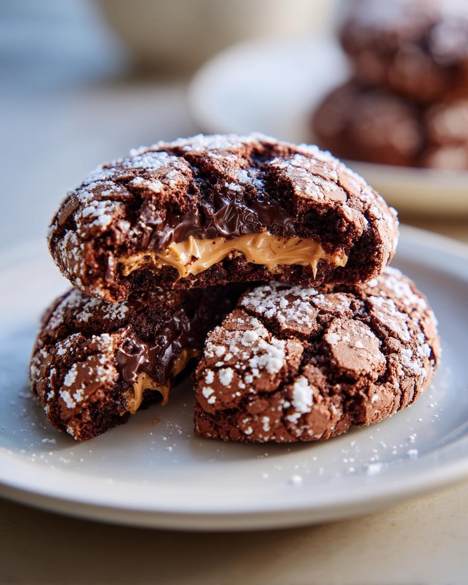 Close-up of Irresistible Biscoff Filled Chocolate Crinkle Cookies, dusted with powdered sugar and oozing a creamy Biscoff center.
