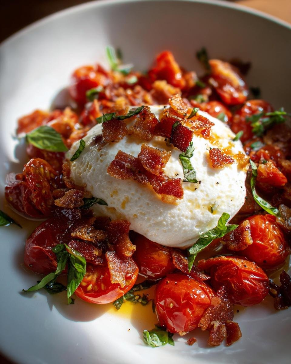 A close-up of Irresistible Blistered Tomatoes With Burrata, topped with crispy pancetta bits and fresh basil.