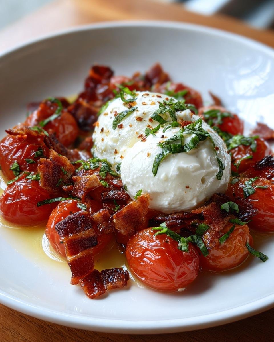 Close-up of Irresistible Blistered Tomatoes With Burrata, topped with crispy pancetta and fresh basil.
