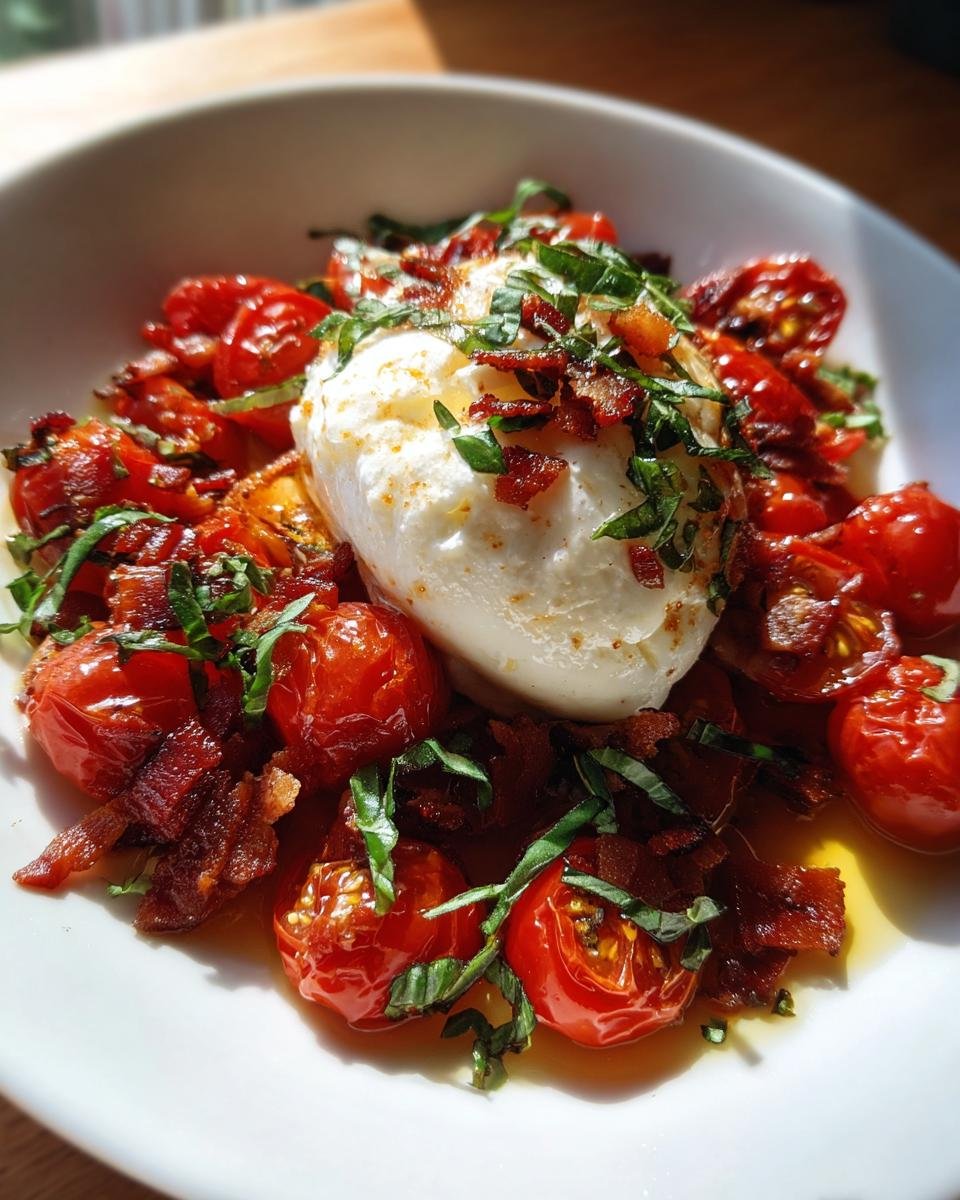 A ball of creamy burrata surrounded by Irresistible Blistered Tomatoes With Pancetta and fresh basil.