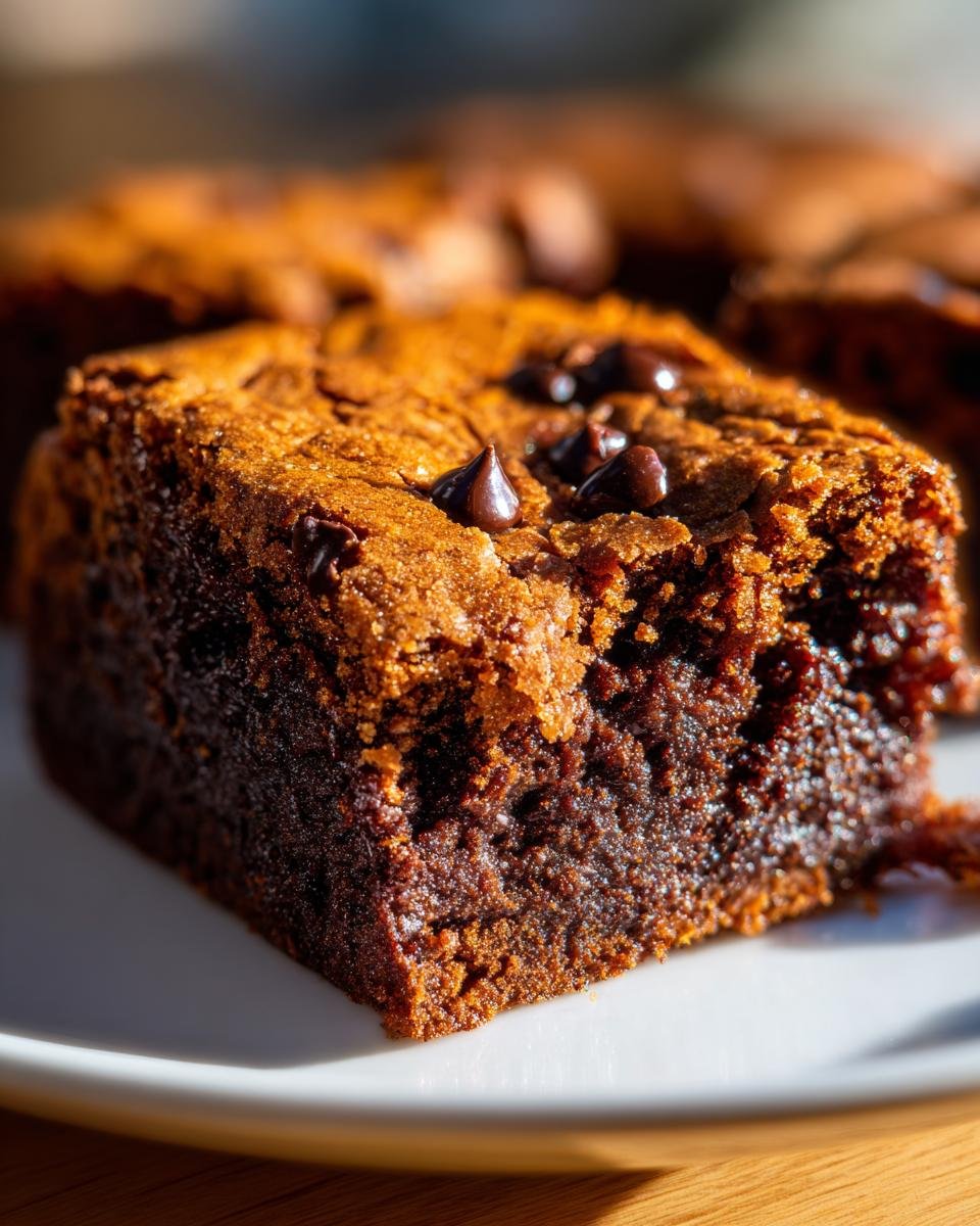 A close-up shot of a rich, fudgy square of Irresistible Blondies With Chocolate Chips on a white plate.