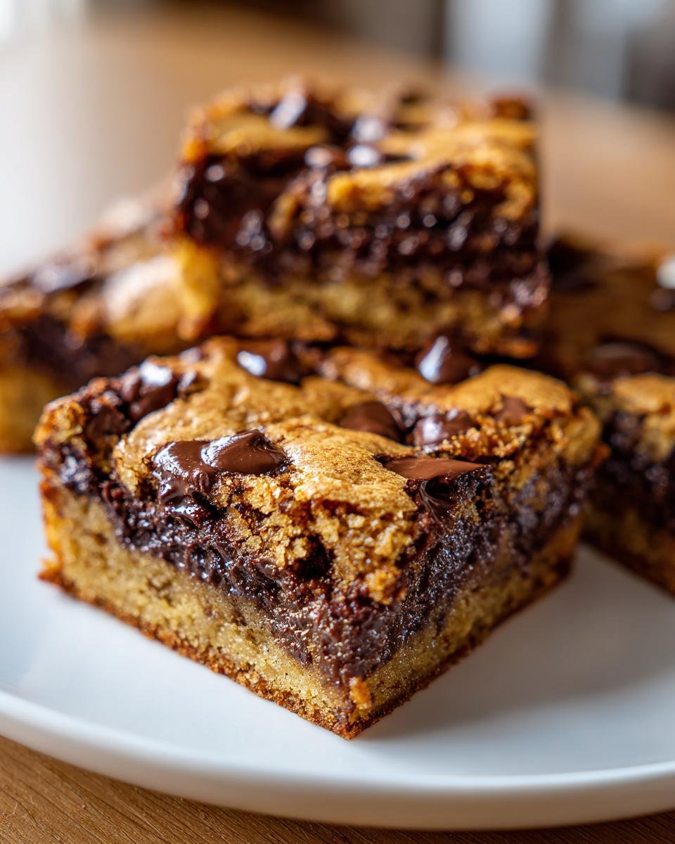 A close-up of gooey, rich Irresistible Blondies With Chocolate Chips stacked on a white plate.