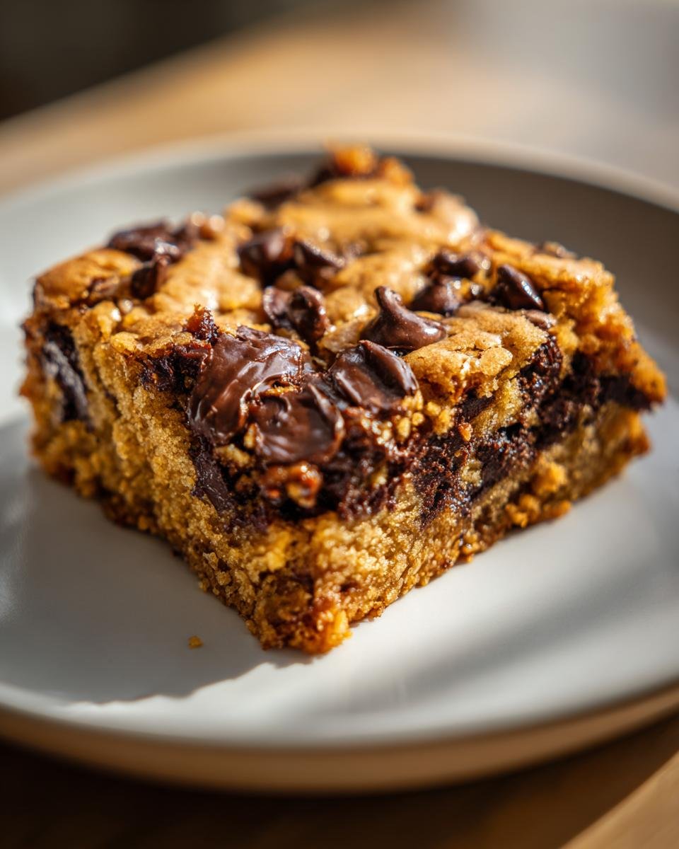 A square slice of Irresistible Blondies With Chocolate Chips recipe on a white plate, featuring a gooey center and melted chocolate chips.