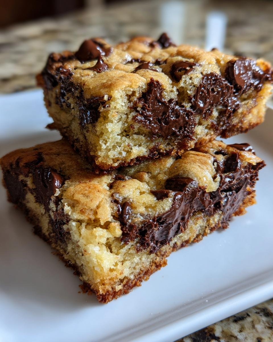Two stacked squares of Irresistible Blondies With Chocolate Chips showing a gooey, melted chocolate center.