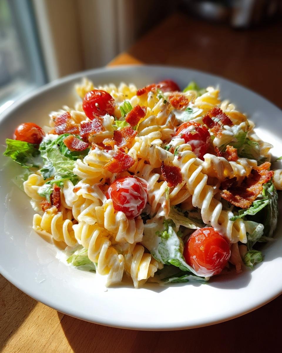 A close-up of Irresistible BLT Pasta Salad featuring rotini pasta, cherry tomatoes, bacon bits, and creamy dressing.