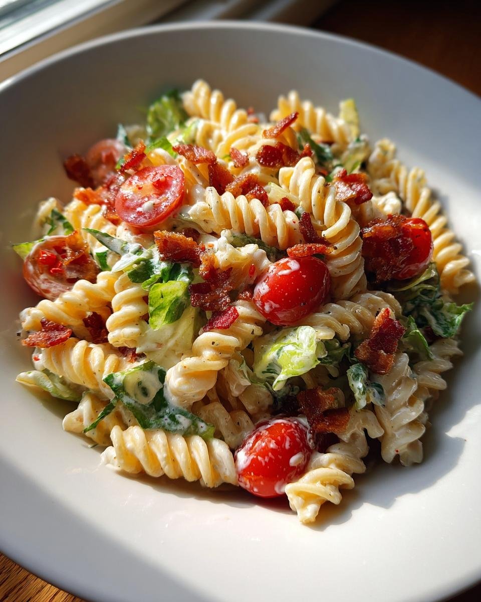 A close-up of Irresistible BLT Pasta Salad featuring fusilli pasta, cherry tomatoes, lettuce, and bacon bits in a creamy dressing.