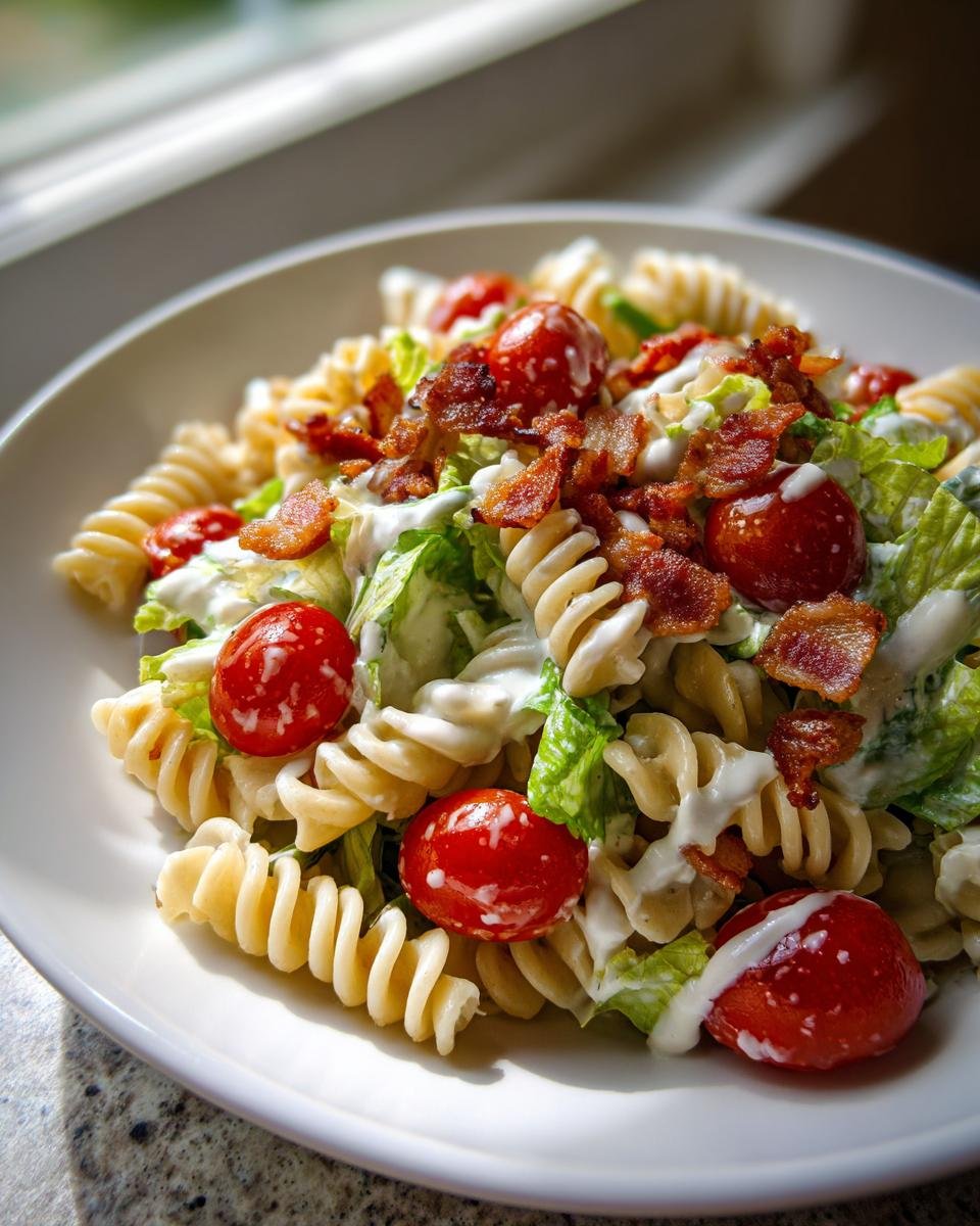 Close-up of Irresistible BLT Pasta Salad featuring fusilli pasta, cherry tomatoes, lettuce, and bacon bits with creamy dressing.