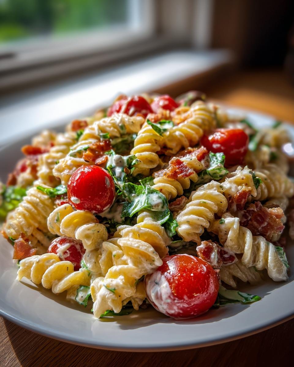 Close-up of Irresistible BLT Pasta Salad featuring fusilli pasta, bacon bits, and bright red cherry tomatoes in a creamy dressing.