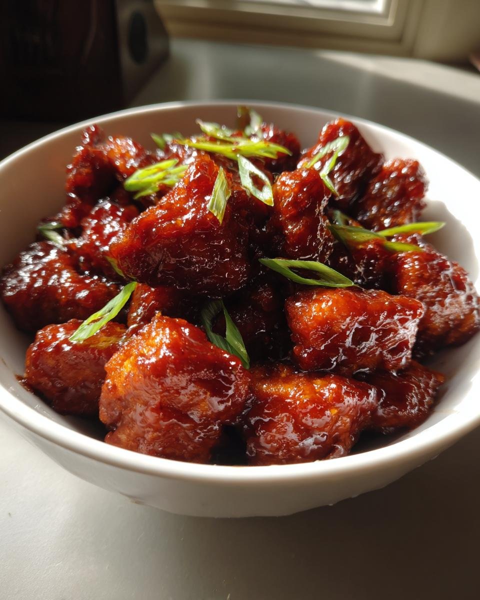 Close-up of Irresistible Bourbon Chicken Sweet Tangy Delight coated in glossy sauce and topped with green onions.